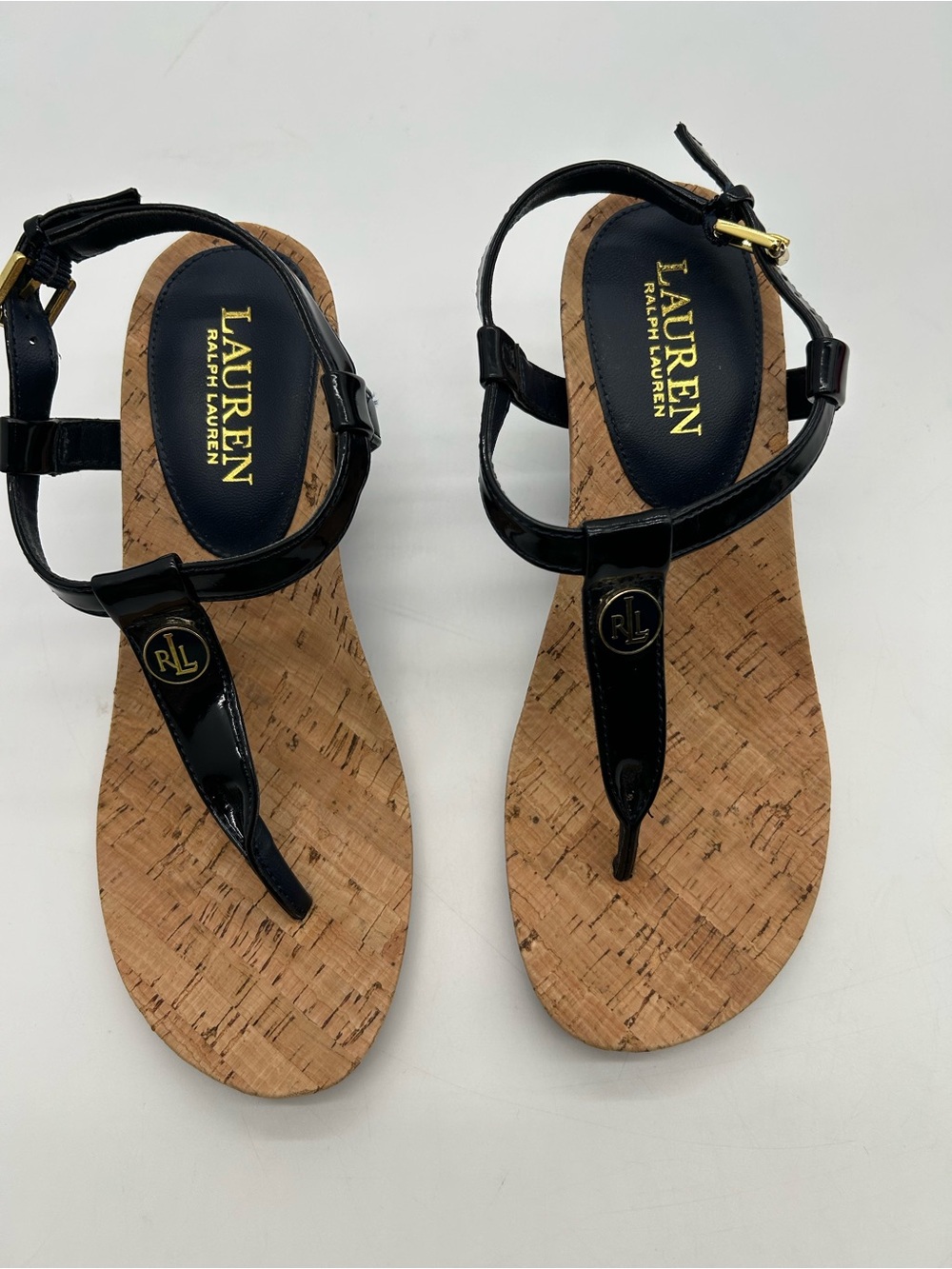 Lauren Ralph Lauren Black Patent T-Strap Cork Sandals